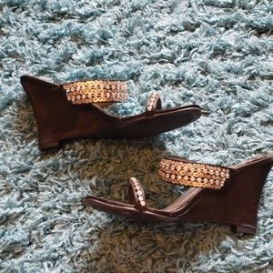 Metro 7 Black Sequin Strappy Wedges Shoes Sandals